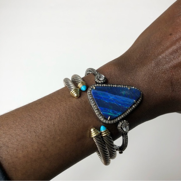 Black Boulder OPAL and Genuine Diamonds Hinged Bracelet - Picture 4 of 13